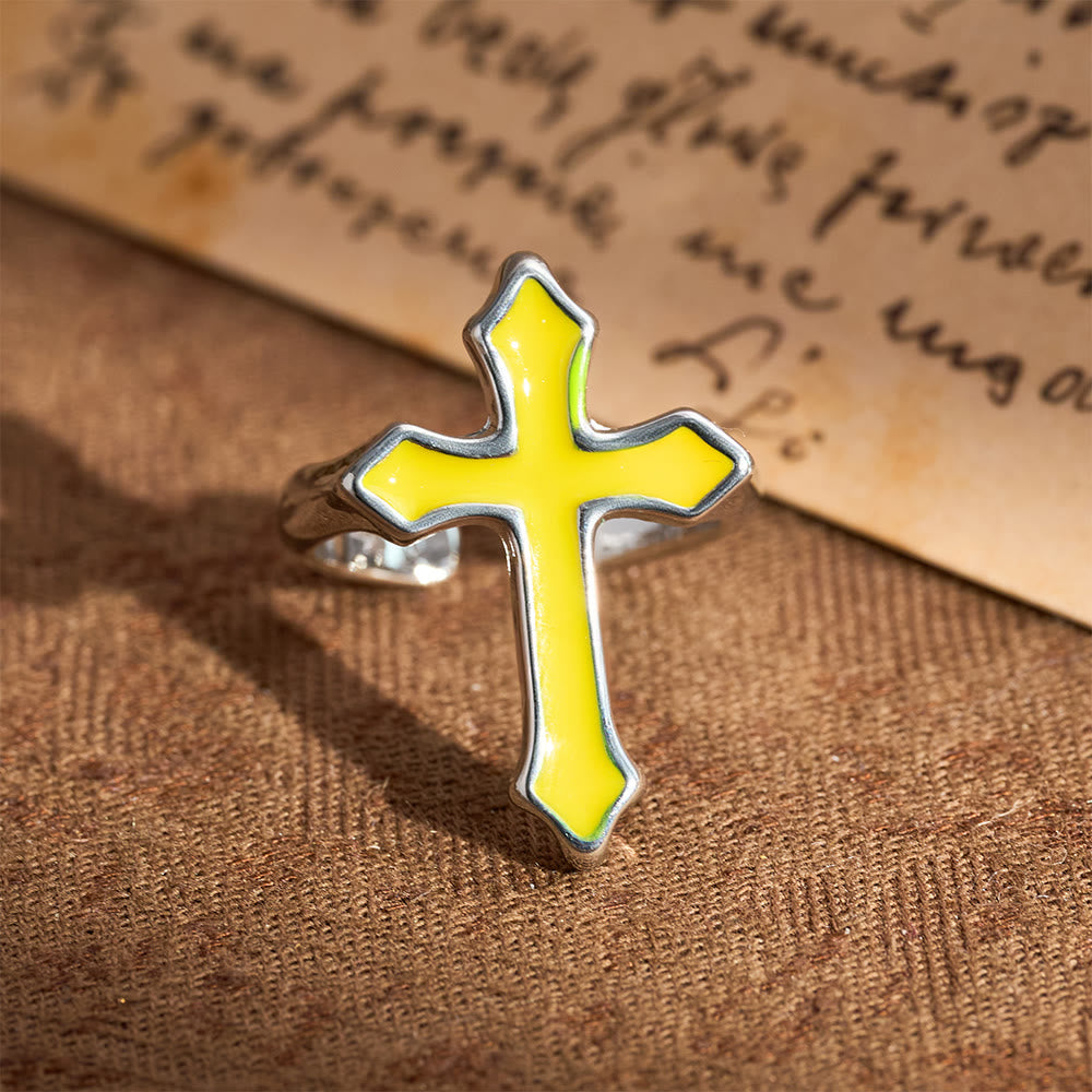 Christianartworkshop Bague ouverte en émail quadrichromie en forme de croix : emblème de la lumière de la foi - Jaune - image 7