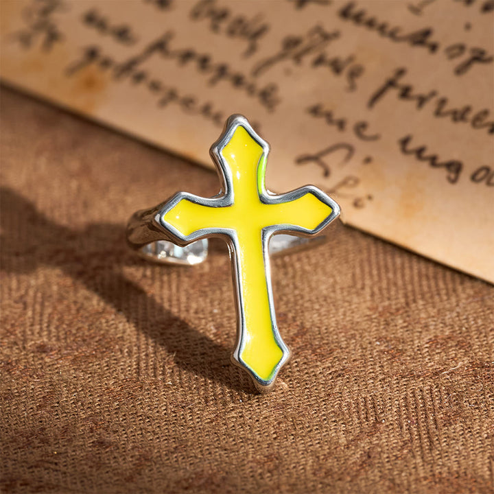 Christianartworkshop Bague ouverte en émail quadrichromie en forme de croix : emblème de la lumière de la foi - Jaune - image 7