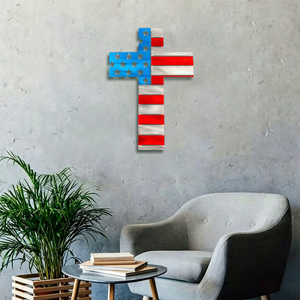 Christianartworkshop Croix en métal découpée avec précision, représentant le drapeau américain : un symbole sacré pour la maison et le cœur - image 1