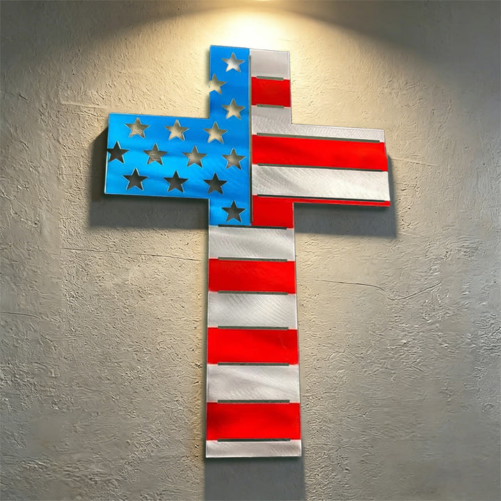Christianartworkshop Croix en métal découpée avec précision, représentant le drapeau américain : un symbole sacré pour la maison et le cœur - image 0