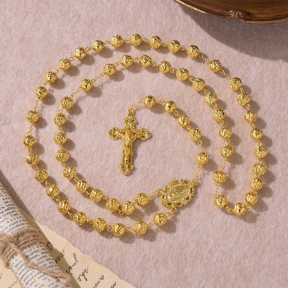 Christianartworkshop Chapelet de Notre-Dame à perles roses gravées et crucifix : symbole de prière fervente - image 1