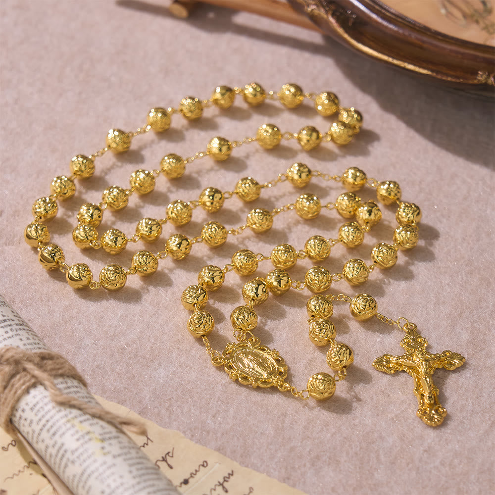 Christianartworkshop Chapelet de Notre-Dame à perles roses gravées et crucifix : symbole de prière fervente - Doré - image 0
