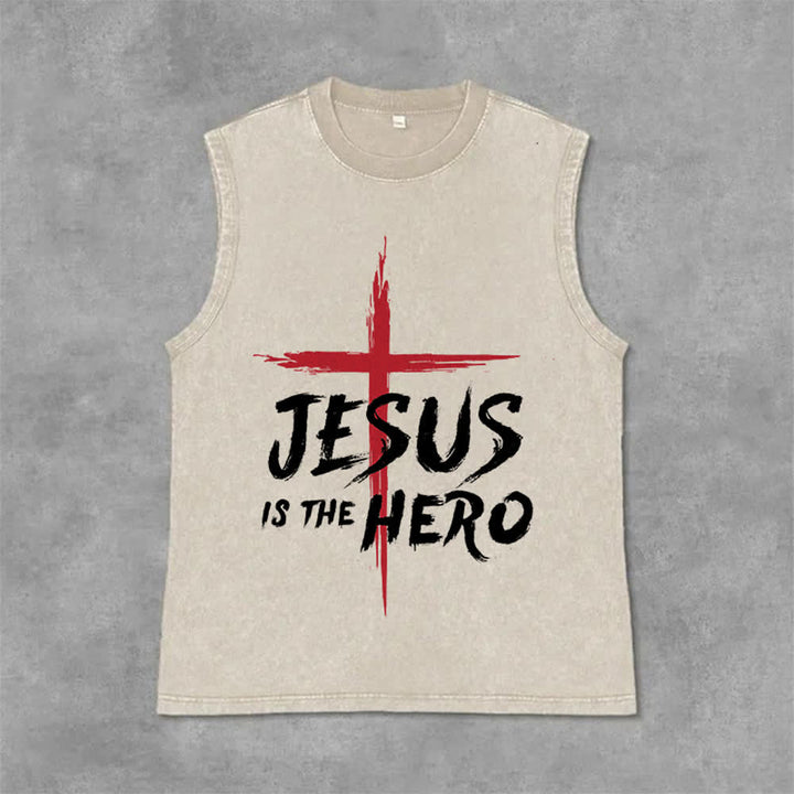 Christianartworkshop Débardeur unisexe lavé Croix-Rouge « Jésus est le héros » - Beige - 2XL - image 0