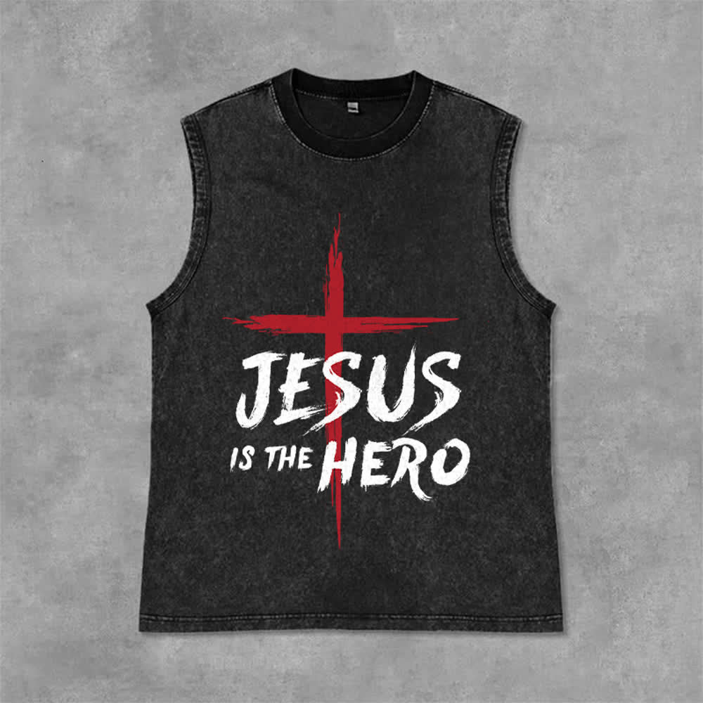 Christianartworkshop Débardeur unisexe lavé Croix-Rouge « Jésus est le héros » - Noir - 2XL - image 3