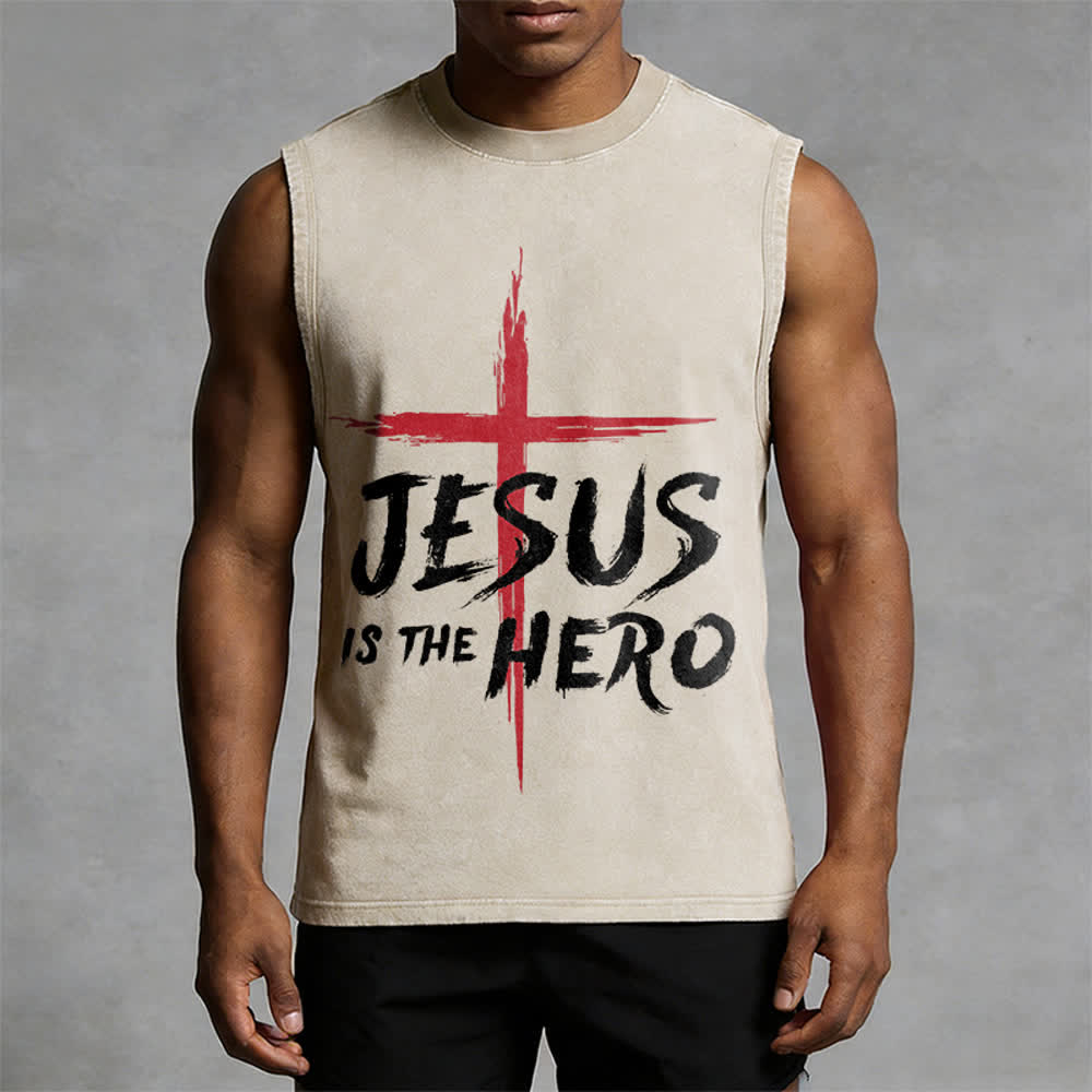 Christianartworkshop Débardeur unisexe lavé Croix-Rouge « Jésus est le héros » - image 1