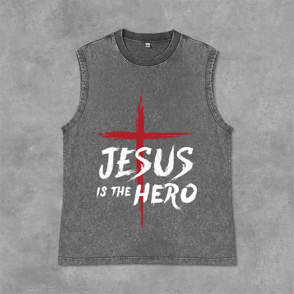 Christianartworkshop Débardeur unisexe lavé Croix-Rouge « Jésus est le héros » - Gris - 2XL - image 6