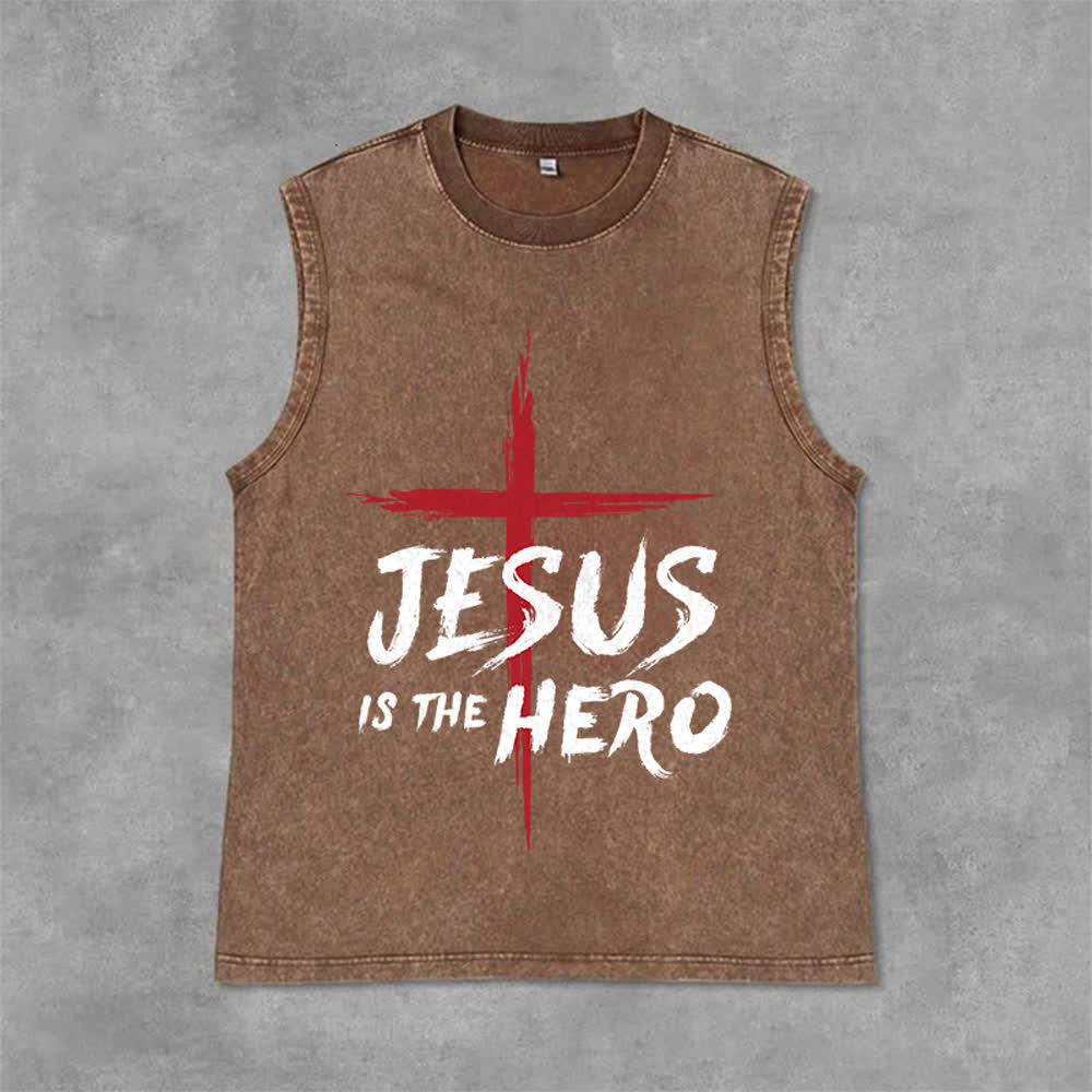 Christianartworkshop Débardeur unisexe lavé Croix-Rouge « Jésus est le héros » - Brun - 2XL - image 9
