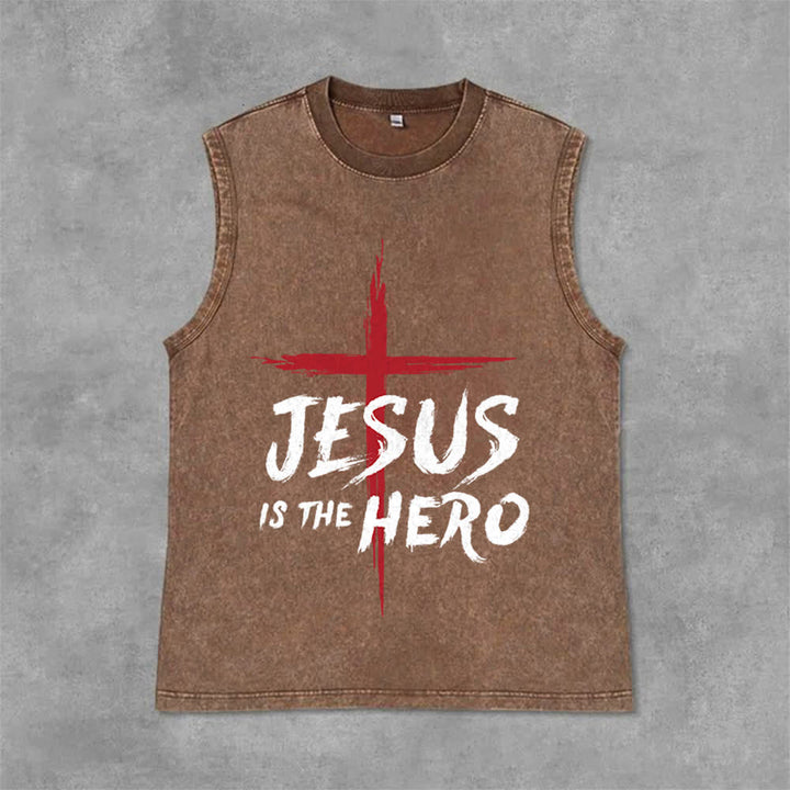 Christianartworkshop Débardeur unisexe lavé Croix-Rouge « Jésus est le héros » - Brun - 2XL - image 9