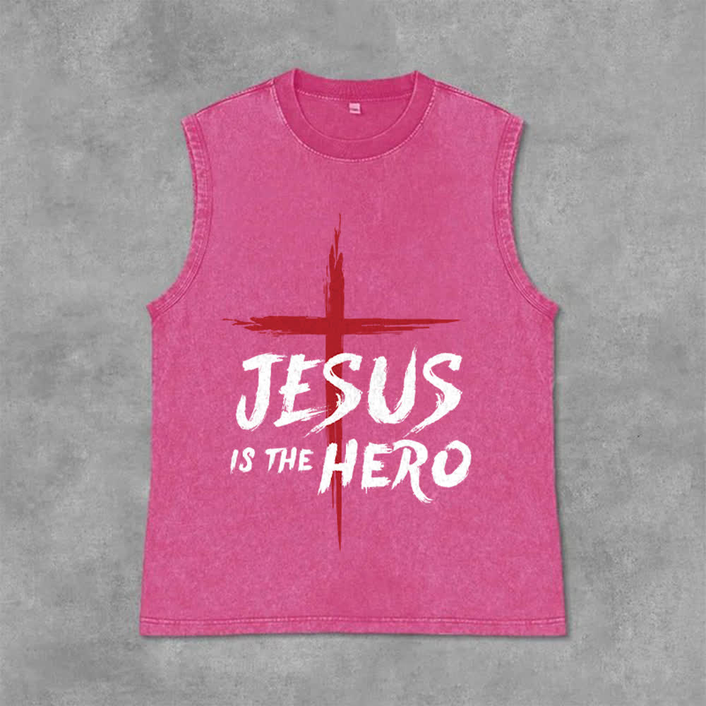 Christianartworkshop Débardeur unisexe lavé Croix-Rouge « Jésus est le héros » - Rose - 2XL - image 12