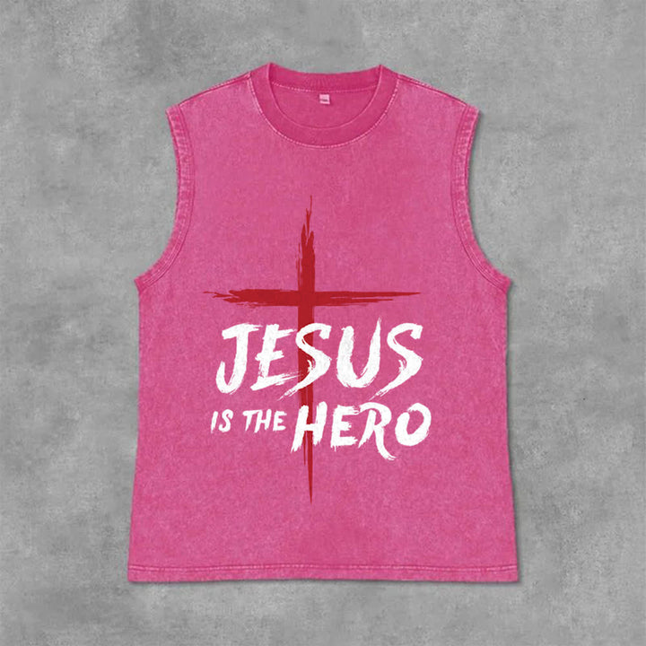 Christianartworkshop Débardeur unisexe lavé Croix-Rouge « Jésus est le héros » - Rose - 2XL - image 12