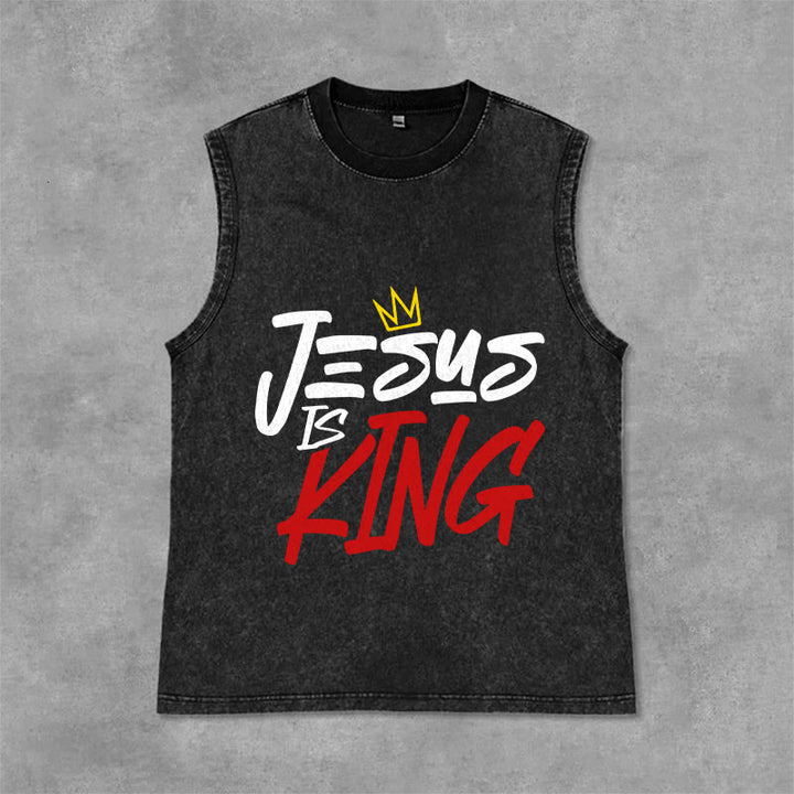 Christianartworkshop Débardeur unisexe délavé « JÉSUS EST ROI » - Noir - 2XL - image 6