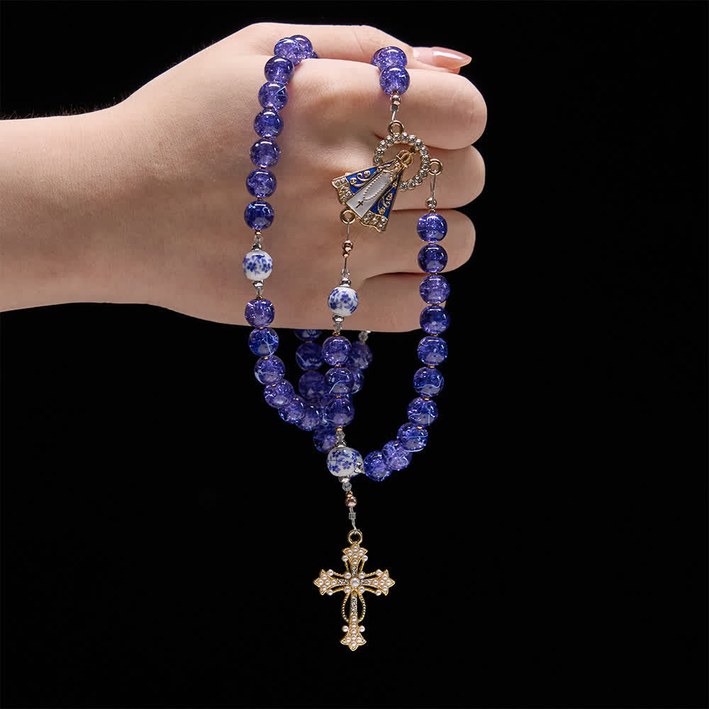 Christianartworkshop Chapelet en verre craquelé bleu foncé et perles de porcelaine avec une pièce maîtresse représentant Notre-Dame d'Aparecida - image 1