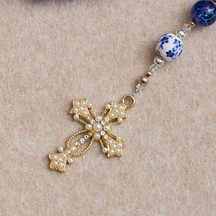 Christianartworkshop Chapelet en verre craquelé bleu foncé et perles de porcelaine avec une pièce maîtresse représentant Notre-Dame d'Aparecida - image 7