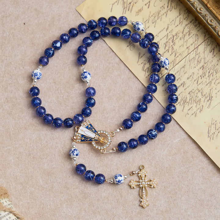 Christianartworkshop Chapelet en verre craquelé bleu foncé et perles de porcelaine avec une pièce maîtresse représentant Notre-Dame d'Aparecida - image 4