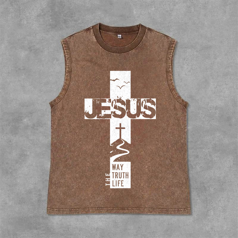 Christianartworkshop Débardeur unisexe lavé « Jésus le chemin, la vérité, la vie » - Brun - 2XL - image 0