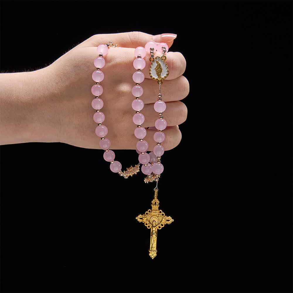 Chapelet en verre rose clair de Christianartworkshop avec perles de tournesol et centre de la Vierge Marie - image 1