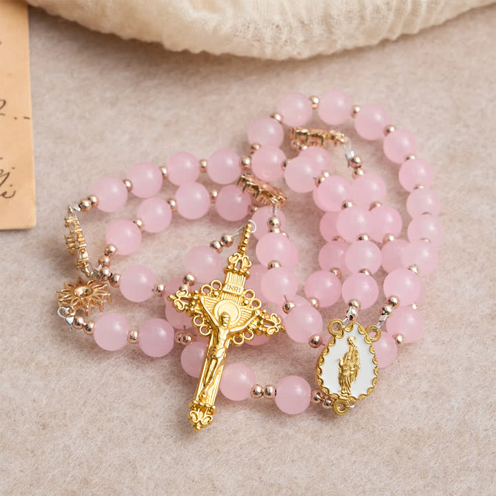 Chapelet en verre rose clair de Christianartworkshop avec perles de tournesol et centre de la Vierge Marie - image 3