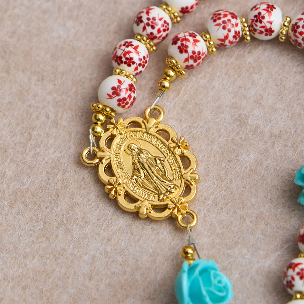 Christianartworkshop Chapelet des Sept Douleurs en perles de céramique rouge et blanche, orné d'une rose turquoise et d'une médaille de la Vierge Marie. - image 7