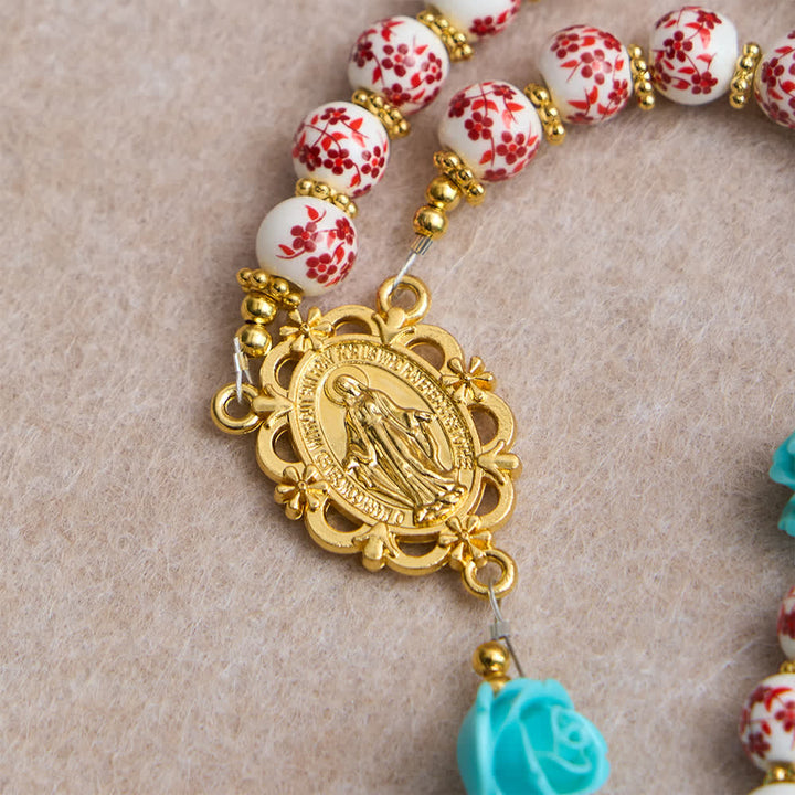 Christianartworkshop Chapelet des Sept Douleurs en perles de céramique rouge et blanche, orné d'une rose turquoise et d'une médaille de la Vierge Marie. - image 7
