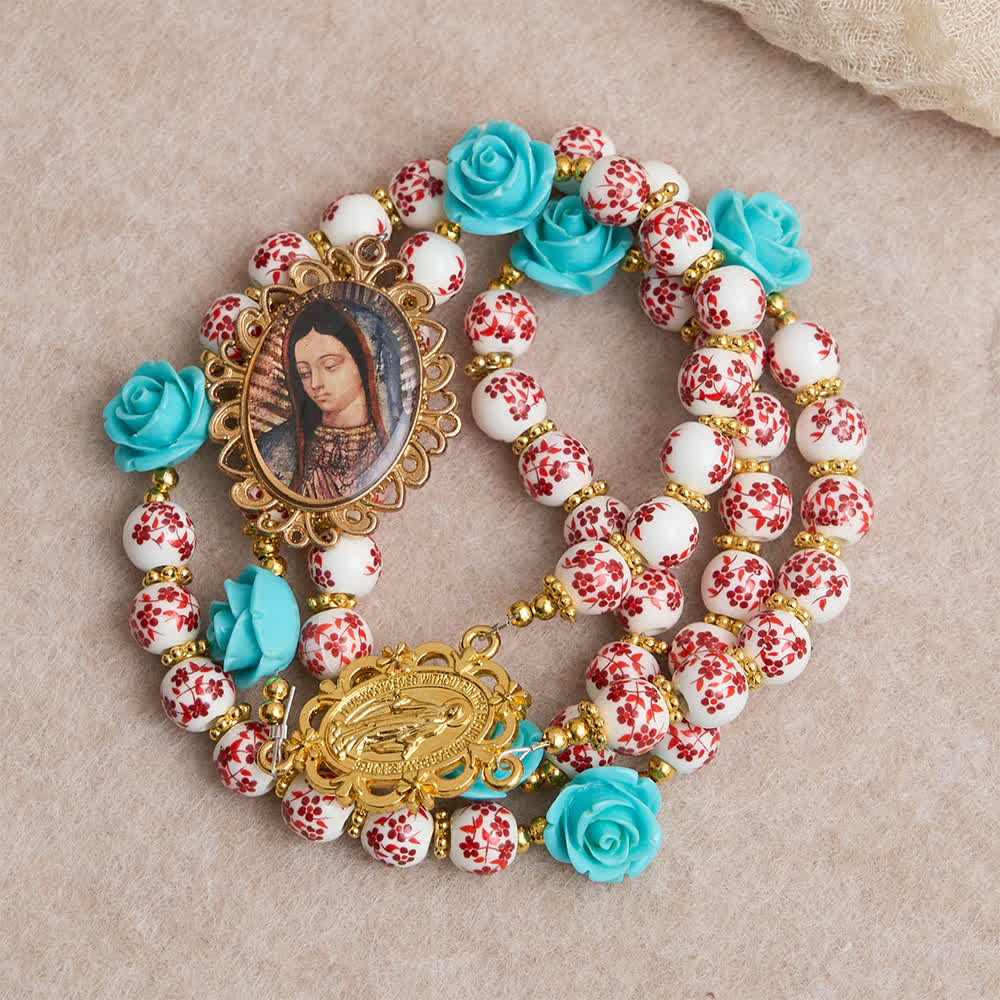 Christianartworkshop Chapelet des Sept Douleurs en perles de céramique rouge et blanche, orné d'une rose turquoise et d'une médaille de la Vierge Marie. - image 2