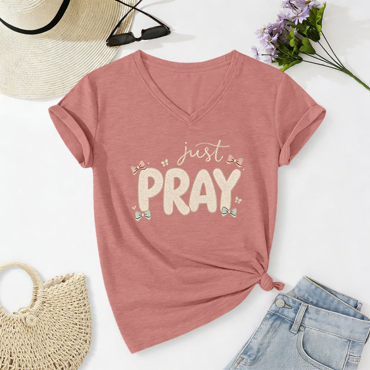 Christianartworkshop T-shirt décontracté à col en V Just PRAY - Rose clair - 2XL - image 12