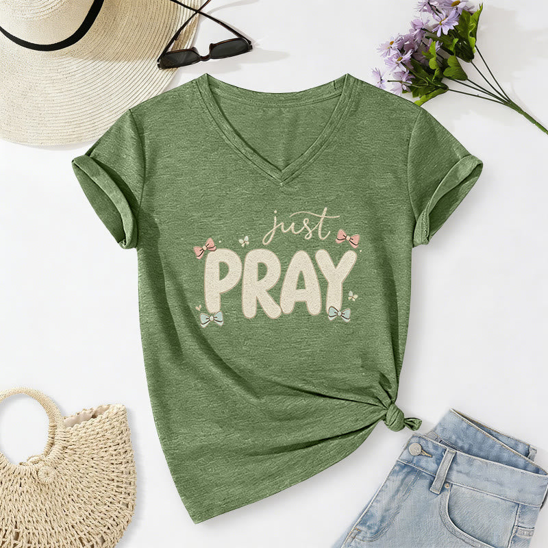 Christianartworkshop T-shirt décontracté à col en V Just PRAY - Vert olive - 2XL - image 2