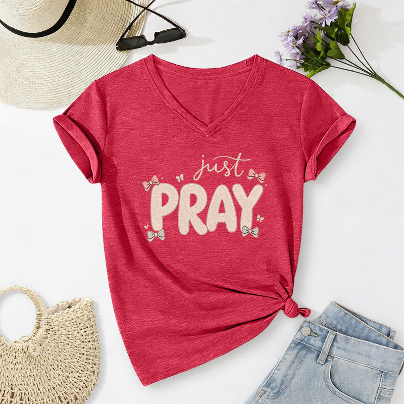 Christianartworkshop T-shirt décontracté à col en V Just PRAY - Rouge - 2XL - image 0
