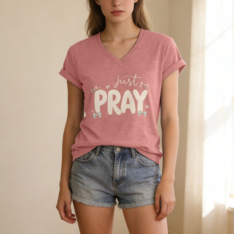 Christianartworkshop T-shirt décontracté à col en V Just PRAY - image 13
