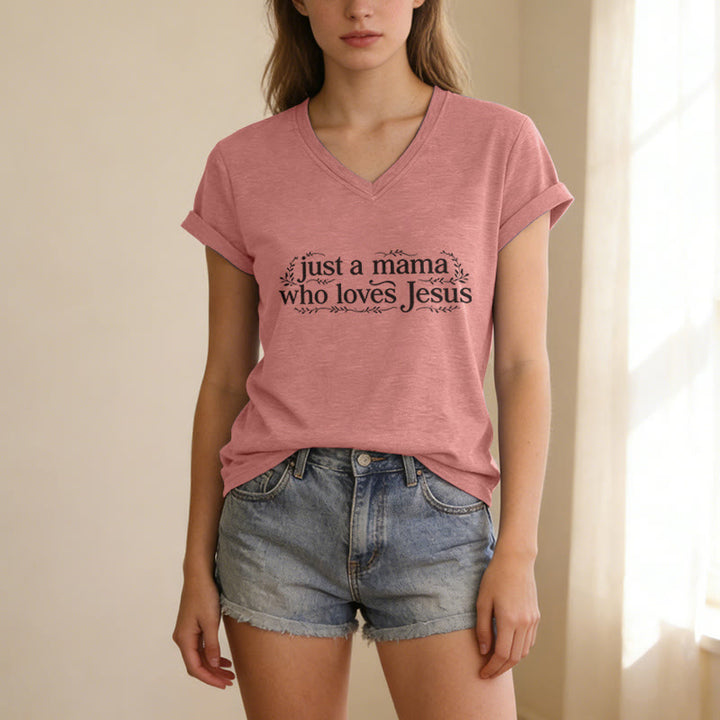 Christianartworkshop T-shirt décontracté à col en V « Juste une maman qui aime Jésus » - image 1