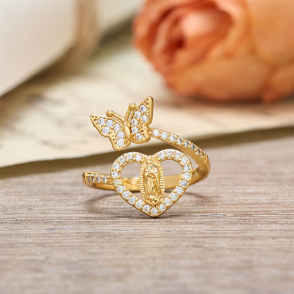 Christianartworkshop Bague Notre-Dame à double motif papillon et cœur : symbole d’amour sacré et de grâce - image 1
