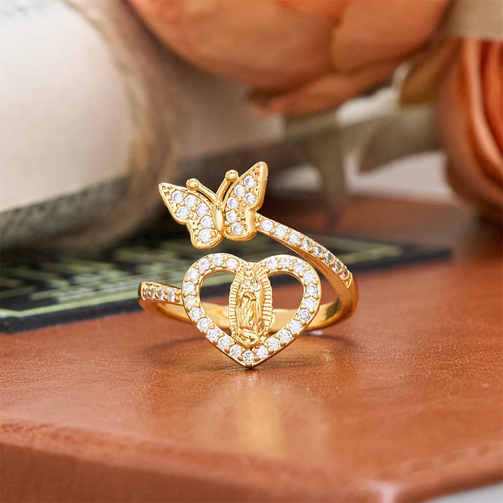 Christianartworkshop Bague Notre-Dame à double motif papillon et cœur : symbole d’amour sacré et de grâce - Papillon et Notre-Dame - image 0