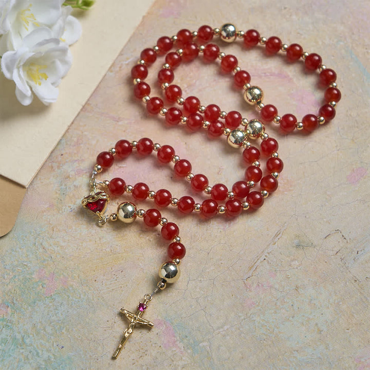 Christianartworkshop Chapelet du Sacré-Cœur de l'Amour Divin avec élégant verre rouge et crucifix doré - Sacré-Cœur et crucifix - image 0