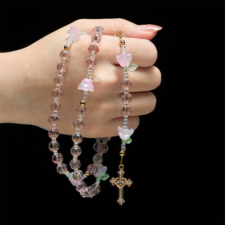 Christianartworkshop Chapelet de dévotion au muguet orné de motifs de la Vierge Marie et de perles roses - image 1
