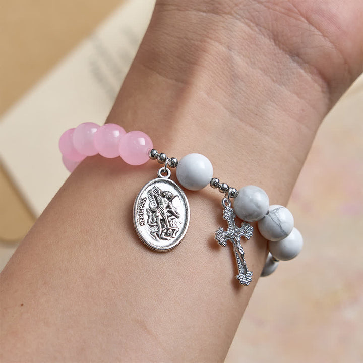 Christianartworkshop Bracelet Saint Michel en howlite naturelle : bleu clair et rose, double protection spirituelle - image 2