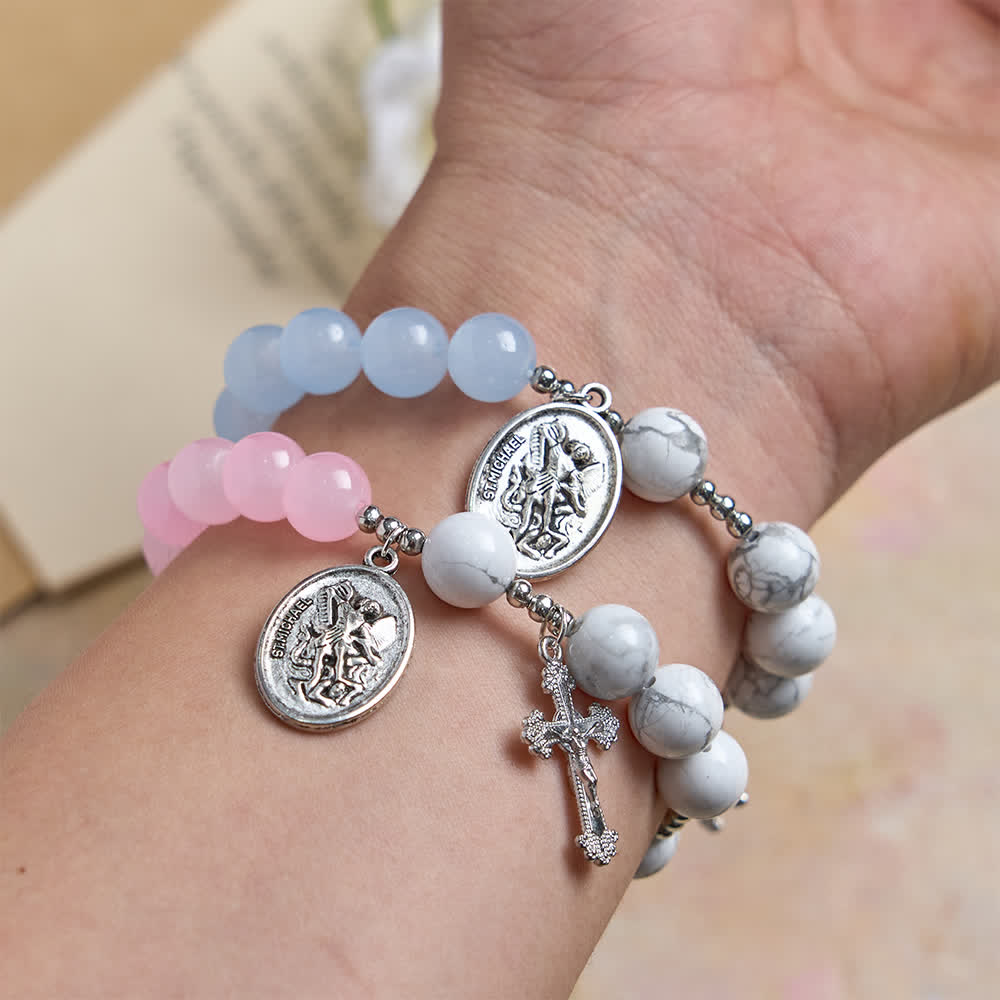 Christianartworkshop Bracelet Saint Michel en howlite naturelle : bleu clair et rose, double protection spirituelle - image 18