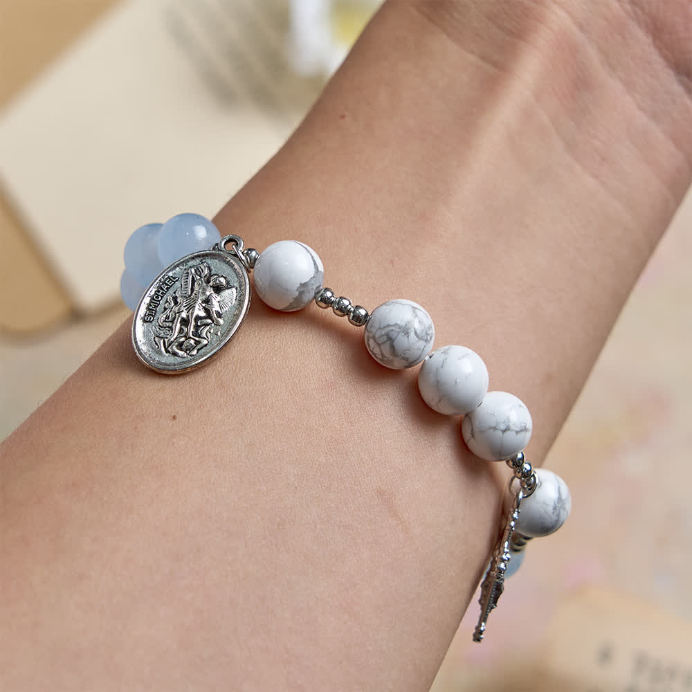 Christianartworkshop Bracelet Saint Michel en howlite naturelle : bleu clair et rose, double protection spirituelle - image 11