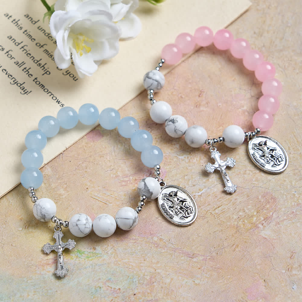 Christianartworkshop Bracelet Saint Michel en howlite naturelle : bleu clair et rose, double protection spirituelle - Lot de 2 (rose et bleu) - image 1