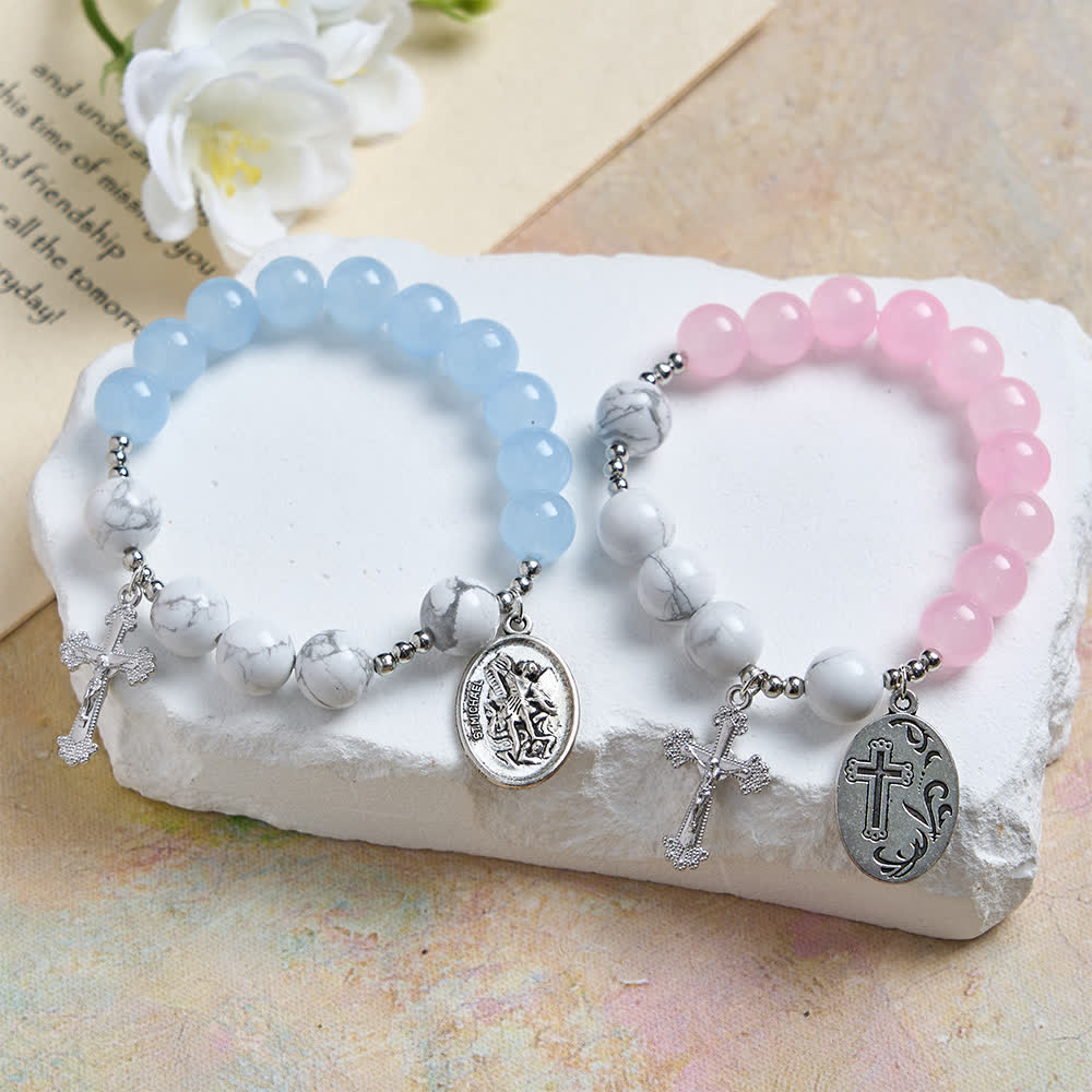 Christianartworkshop Bracelet Saint Michel en howlite naturelle : bleu clair et rose, double protection spirituelle - image 17