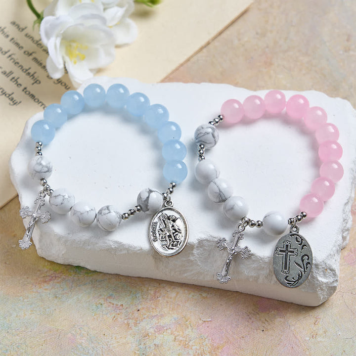 Christianartworkshop Bracelet Saint Michel en howlite naturelle : bleu clair et rose, double protection spirituelle - image 17