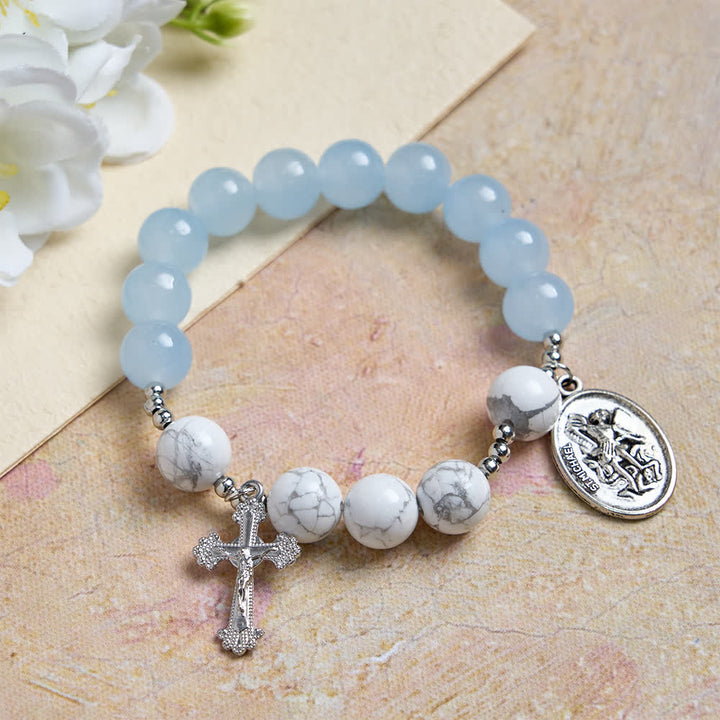 Christianartworkshop Bracelet Saint Michel en howlite naturelle : bleu clair et rose, double protection spirituelle - Bleu - image 9