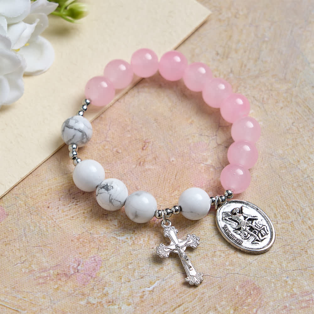 Christianartworkshop Bracelet Saint Michel en howlite naturelle : bleu clair et rose, double protection spirituelle - Rose - image 0