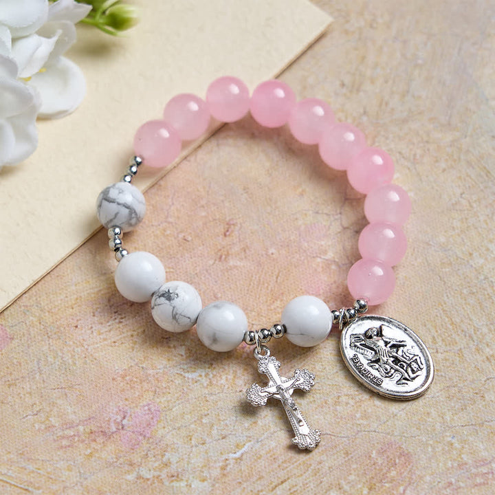 Christianartworkshop Bracelet Saint Michel en howlite naturelle : bleu clair et rose, double protection spirituelle - Rose - image 0