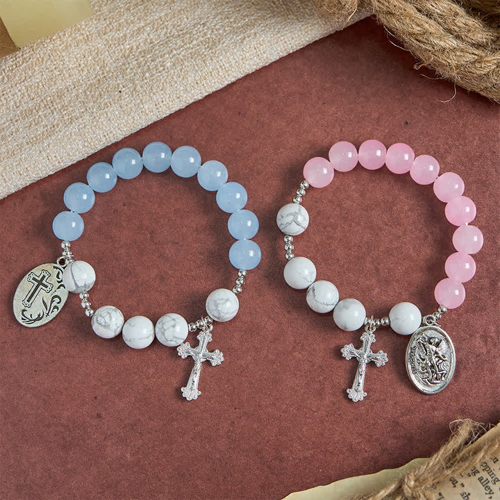 Christianartworkshop Bracelet Saint Michel en howlite naturelle : bleu clair et rose, double protection spirituelle - image 19