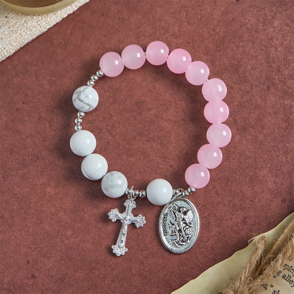 Christianartworkshop Bracelet Saint Michel en howlite naturelle : bleu clair et rose, double protection spirituelle - image 4