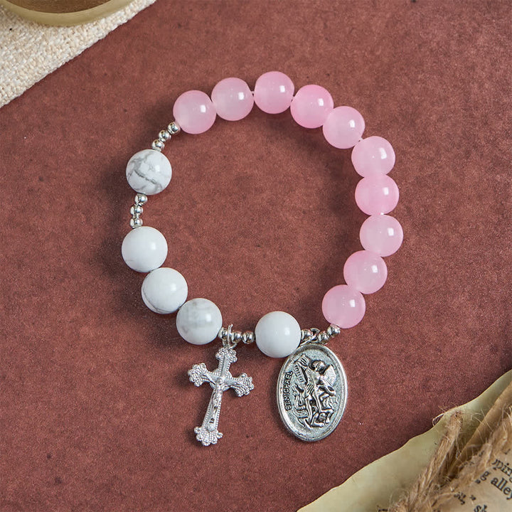 Christianartworkshop Bracelet Saint Michel en howlite naturelle : bleu clair et rose, double protection spirituelle - image 4