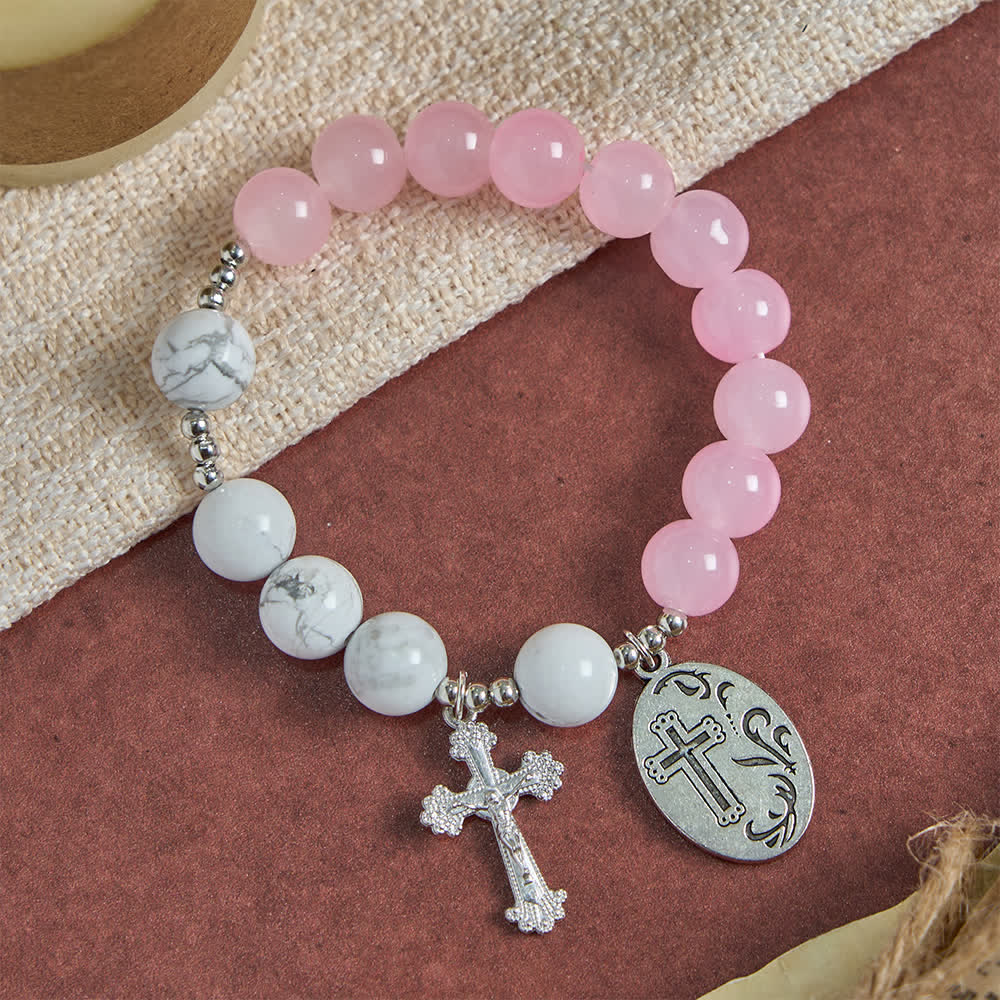 Christianartworkshop Bracelet Saint Michel en howlite naturelle : bleu clair et rose, double protection spirituelle - image 5