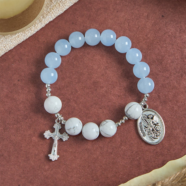 Christianartworkshop Bracelet Saint Michel en howlite naturelle : bleu clair et rose, double protection spirituelle - image 12