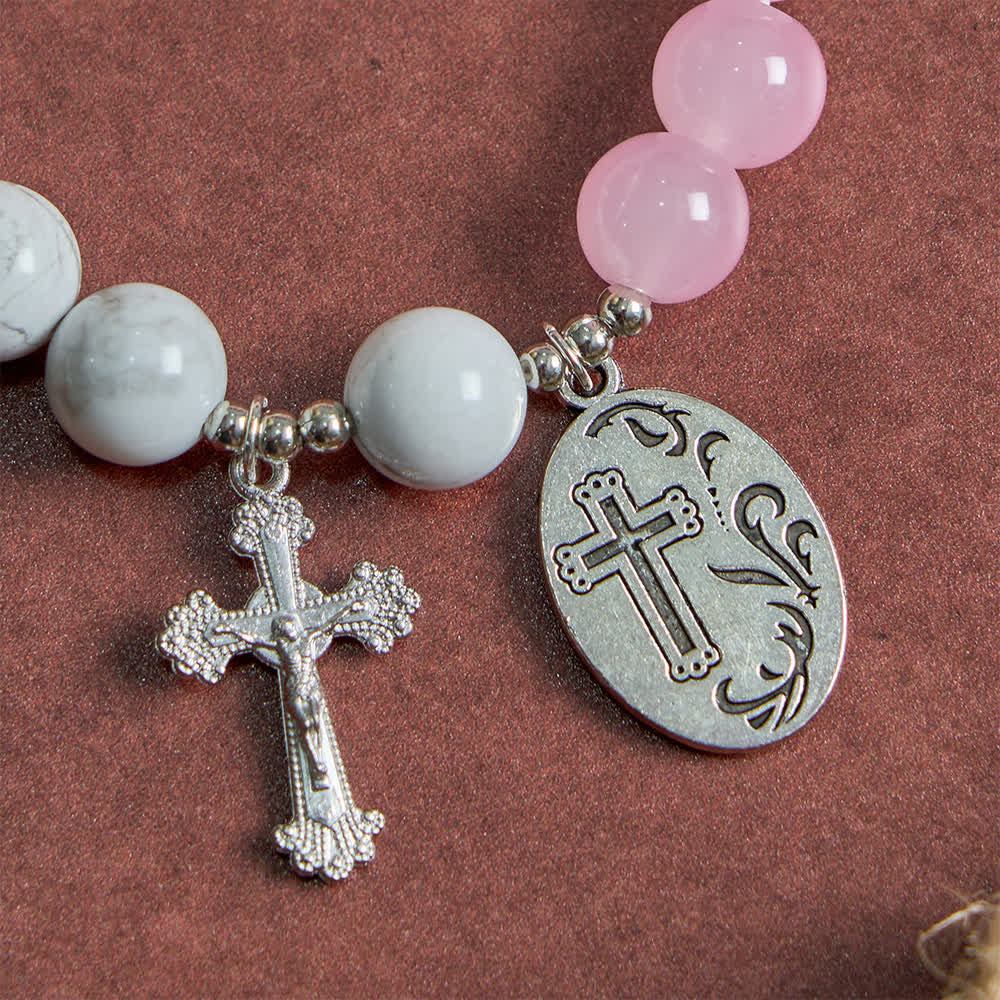 Christianartworkshop Bracelet Saint Michel en howlite naturelle : bleu clair et rose, double protection spirituelle - image 6