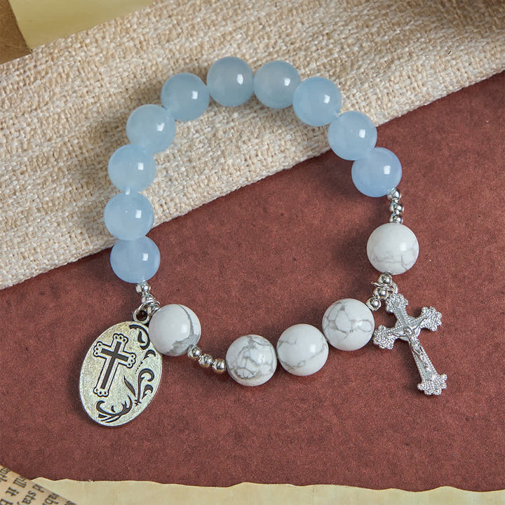 Christianartworkshop Bracelet Saint Michel en howlite naturelle : bleu clair et rose, double protection spirituelle - image 13