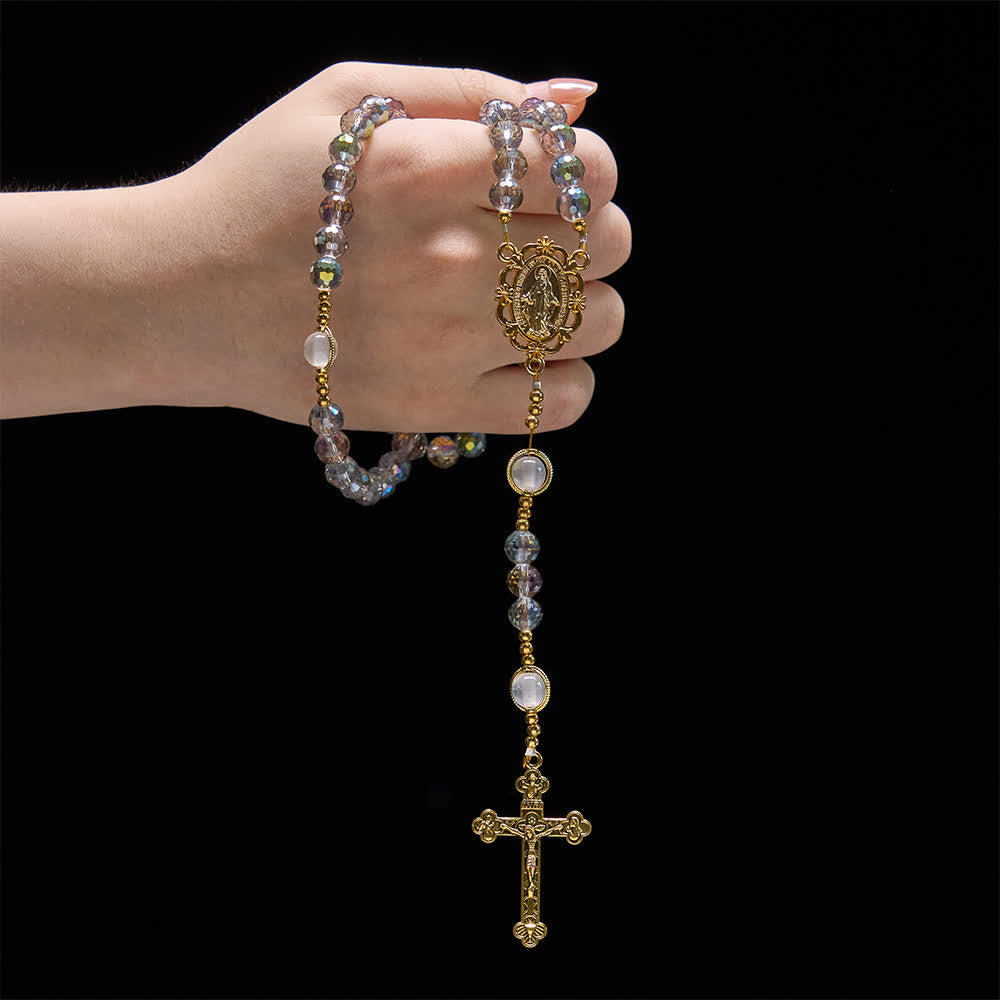 Christianartworkshop Chapelet à perles facettées aux reflets irisés arc-en-ciel avec pendentif doré Notre-Dame - image 1